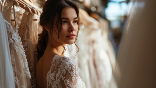 Photo beautiful bride choosing a wedding dress in a boutique copy space