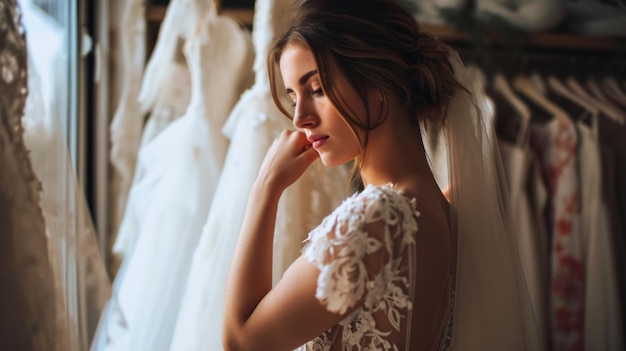 Photo beautiful bride choosing a wedding dress in a boutique copy space