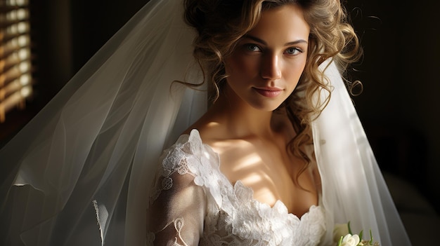 A beautiful bride girl in a white wedding dress stands and holds a bouquet of fresh flowers in her hands Luxurious woman with curly hair