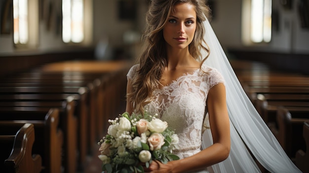 A beautiful bride girl in a white wedding dress stands and holds a bouquet of fresh flowers in her hands Luxurious woman with curly hair