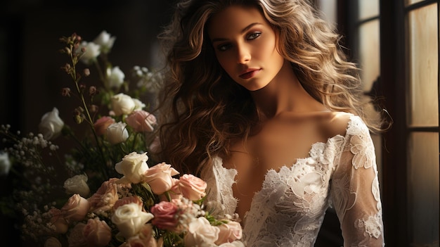 A beautiful bride girl in a white wedding dress stands and holds a bouquet of fresh flowers in her hands Luxurious woman with curly hair