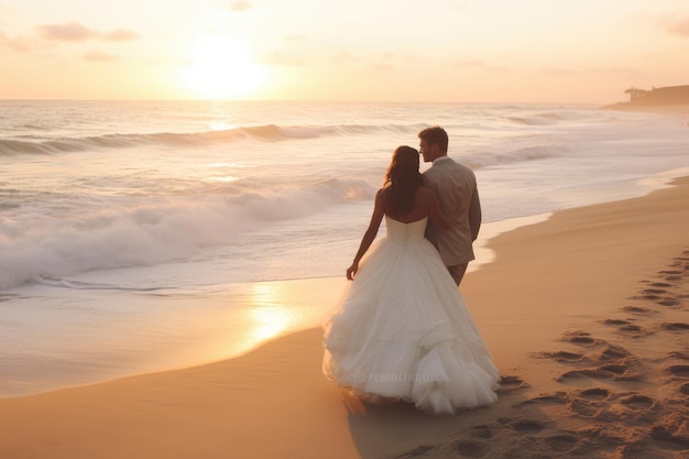 Beautiful bride and groom on the beach at sunset Just married couple