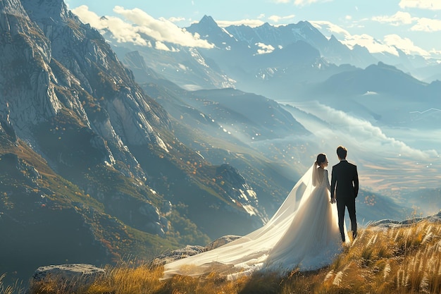 Beautiful bride and groom at the mountains