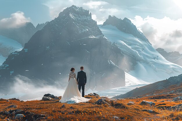 Beautiful bride and groom at the mountains