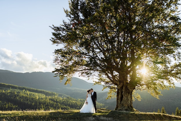 Beautiful bride and groom at the mountains