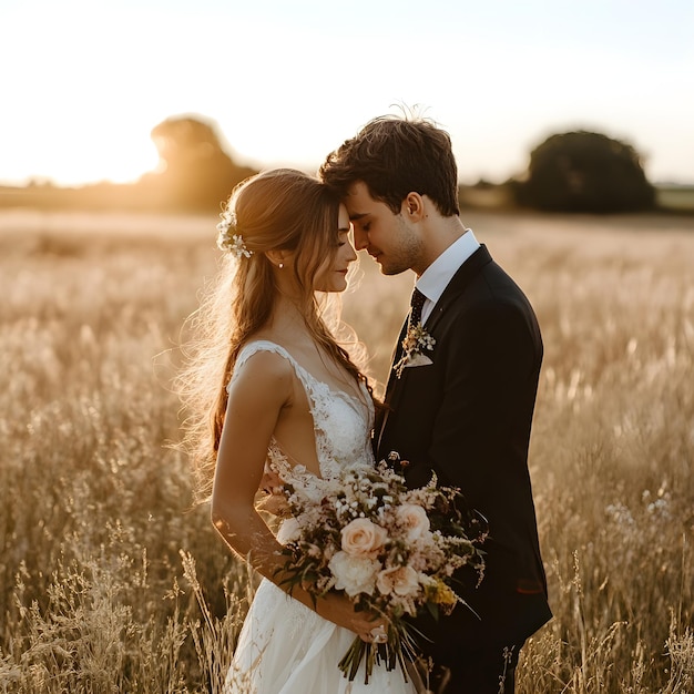 Beautiful bride and groom in a wheat field at sunset Wedding couple