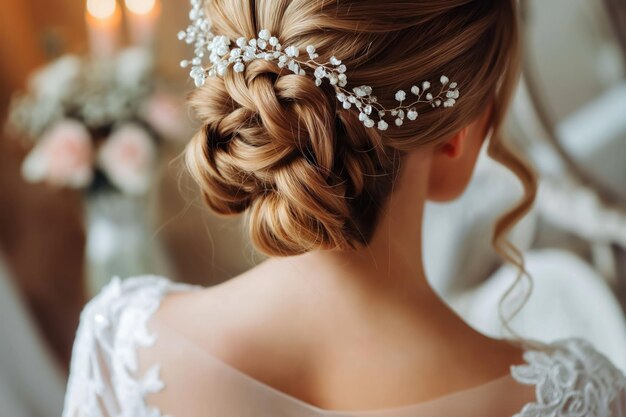 Photo beautiful bride hairstyle in closeup elegant woman with blond hair flowers in her hair wedding