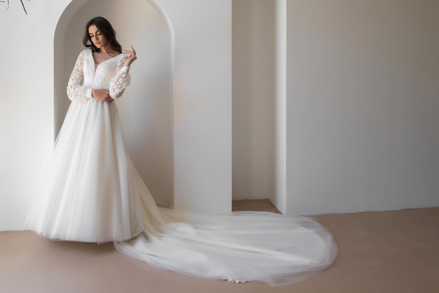 Beautiful bride in a luxurious wedding dress on white background