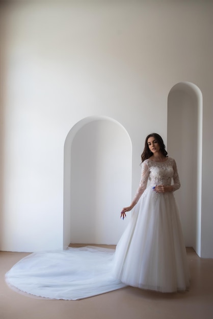 Beautiful bride in a magnificent white wedding dress of tulle with corset lacing and long beauty hai