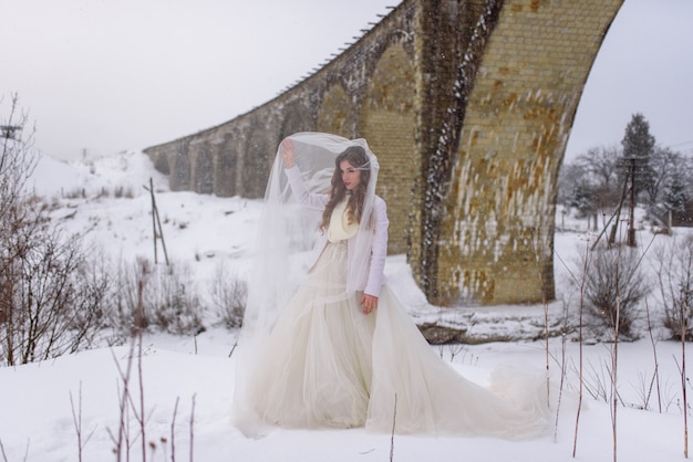 Beautiful bride posing near an abandoned old aqueduct bridge. The bride plays a veil.