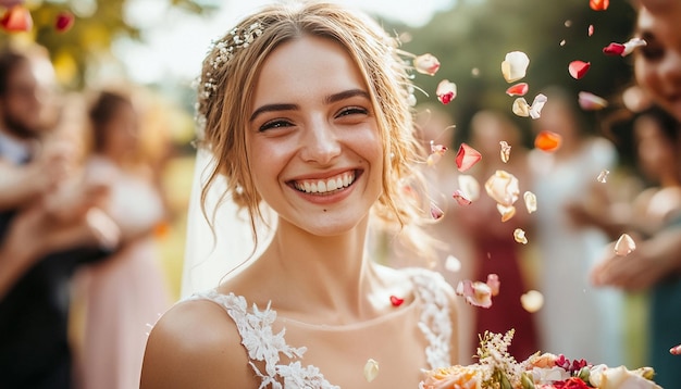 Beautiful Bride Smiling and Guests sprinkle flower petals at weeding Ceremony