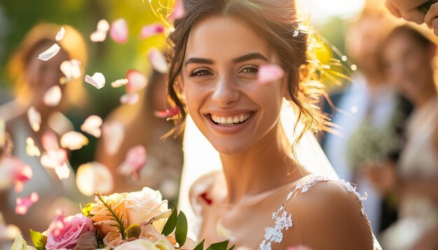 Beautiful Bride Smiling and Guests sprinkle flower petals at weeding Ceremony