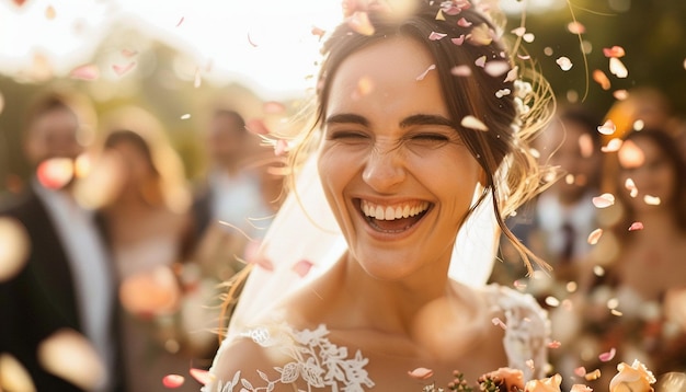 Beautiful Bride Smiling and Guests sprinkle flower petals at weeding Ceremony