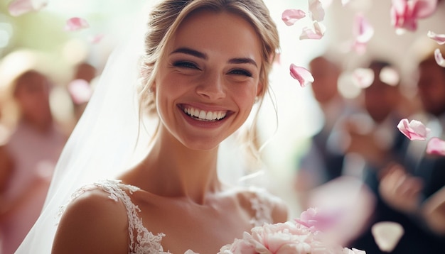 Photo beautiful bride smiling and guests sprinkle flower petals at weeding ceremony