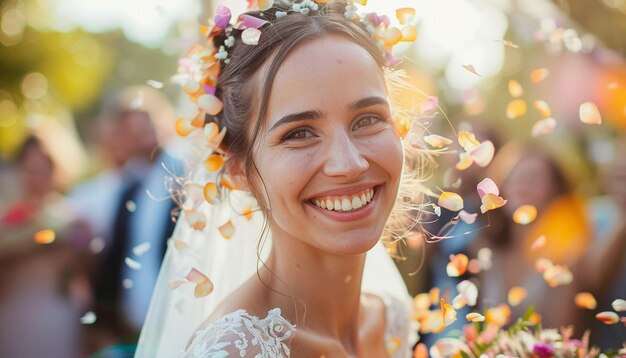 Beautiful Bride Smiling and Guests sprinkle flower petals at weeding Ceremony