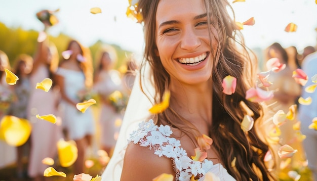 Beautiful Bride Smiling and Guests sprinkle flower petals at weeding Ceremony