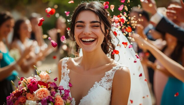 Beautiful Bride Smiling and Guests sprinkle flower petals at weeding Ceremony