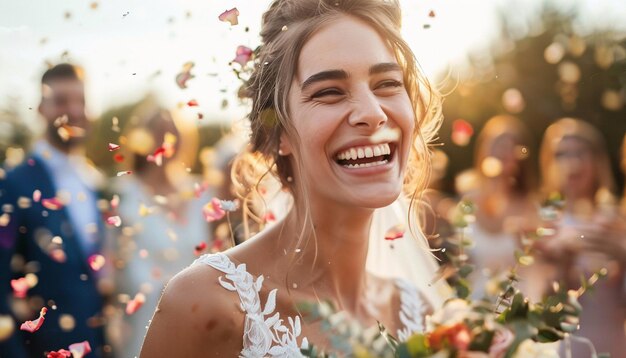 Beautiful Bride Smiling and Guests sprinkle flower petals at weeding Ceremony