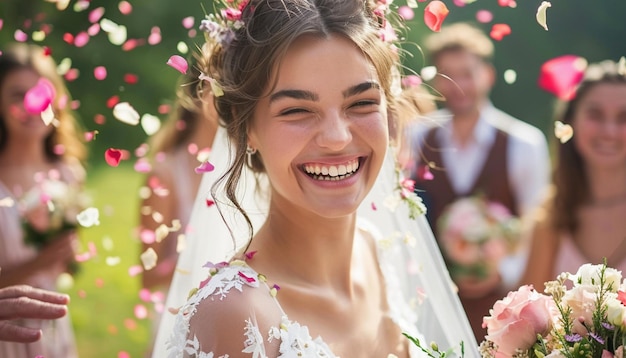 Beautiful Bride Smiling and Guests sprinkle flower petals at weeding Ceremony