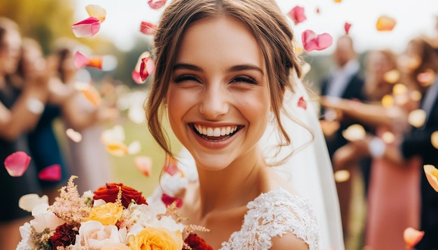 Photo beautiful bride smiling and guests sprinkle flower petals at weeding ceremony