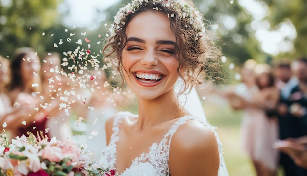 Beautiful Bride Smiling and Guests sprinkle flower petals at weeding Ceremony