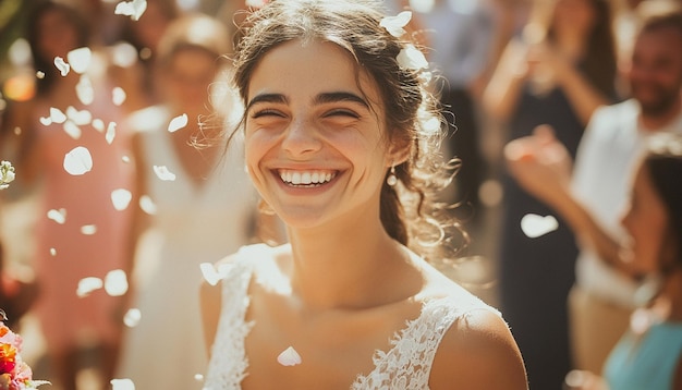 Beautiful Bride Smiling and Guests sprinkle flower petals at weeding Ceremony