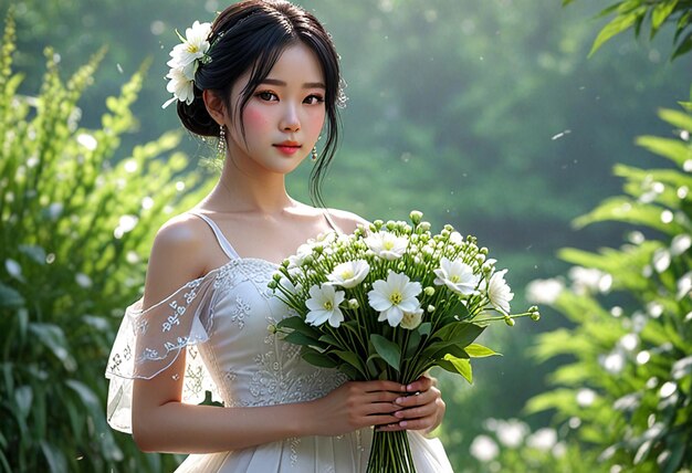 Beautiful bride wearing a white dress holding a flower in the fresh flower garden