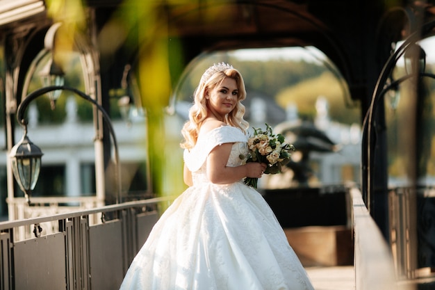 Beautiful bride in wedding day on the coast.