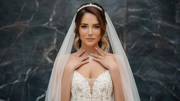 Beautiful bride in white dress posing