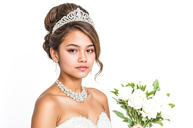 Beautiful bride in a white dress with a tiara and a bouquet of white roses