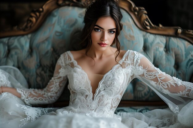 Beautiful Bride in White Wedding Dress Sitting