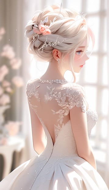 Beautiful Bride in White Wedding Dress with Flower and Crown Elegance and Fantasy Ai generated