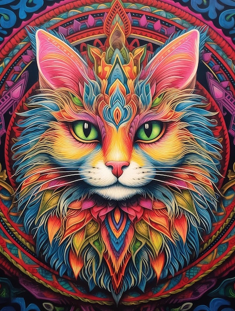 Beautiful bright colored image of a cat mandala