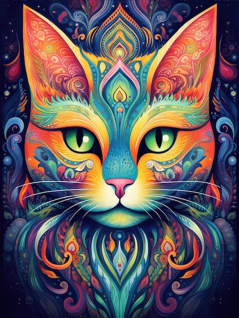 Beautiful bright colored image of a cat mandala