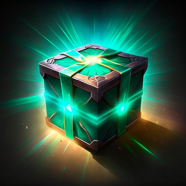 A beautiful and bright fantasystyle loot box box with items inside