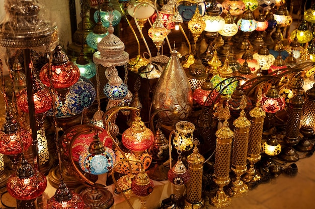 Beautiful bright lumenious lamps at Grand BazaarIstanbulTurkeyColorful backgroundsouvenirs decoration concept