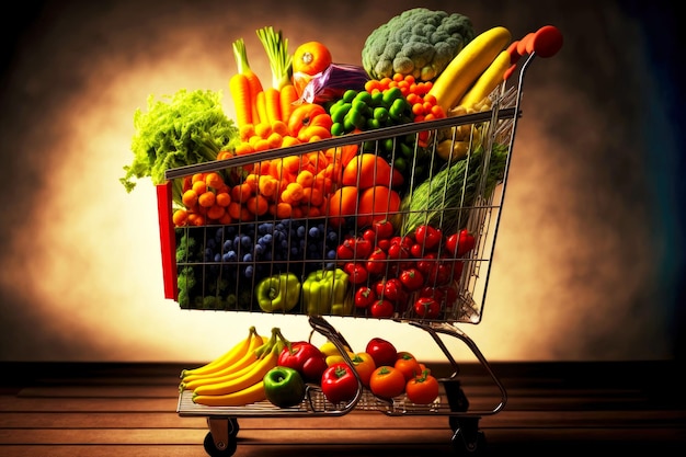 Beautiful bright shopping cart with fresh vegetables and fruits in supermarket