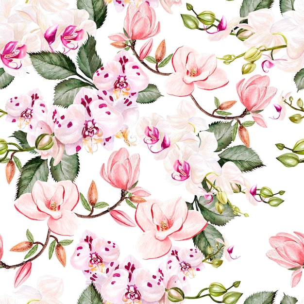 Beautiful bright watercolor pattern with flowers of orchids and magnolias Illustration