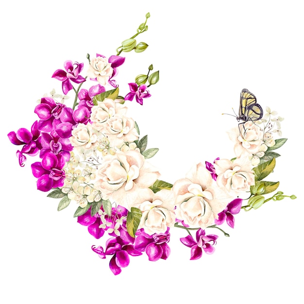 Beautiful bright watercolor wreath with orchids Illustration