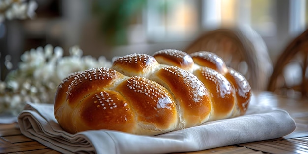 A Beautiful Brioche on a Linen Napkin with Warm Light Filtering Through Wooden Furniture in the Background Concept Food Styling Natural Lighting Home Decor Cozy Ambiance Culinary Photography