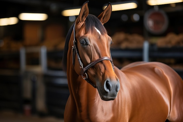 Beautiful brown horse inside a stable