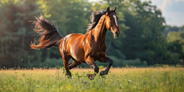 A beautiful brown horse runs swiftly across an open field