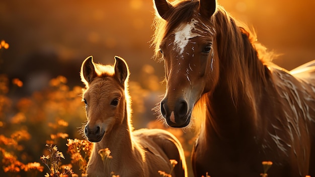 A beautiful brown mare nurturing and teaching her sweet new little foal on a golden summers evening