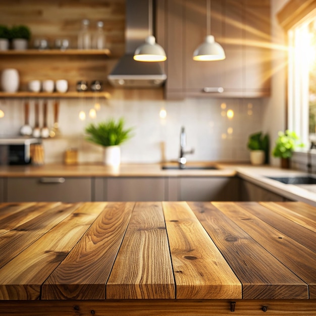 beautiful brown wood table top kitchen interior background and blurred defocused with daylight flare bokeh product montage display