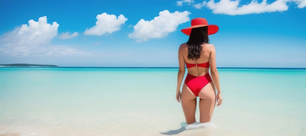 A beautiful brunette girl dressed in a red swimsuit and a widebrimmed straw hat enters the ocean