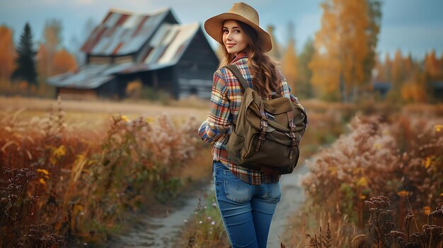 Photo beautiful brunette girl outdoors in nature rustic country style attractive and sexy