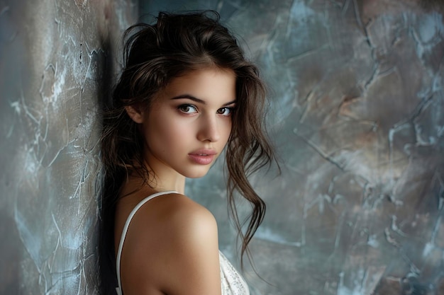 A Beautiful brunette girl posing in studio on textured