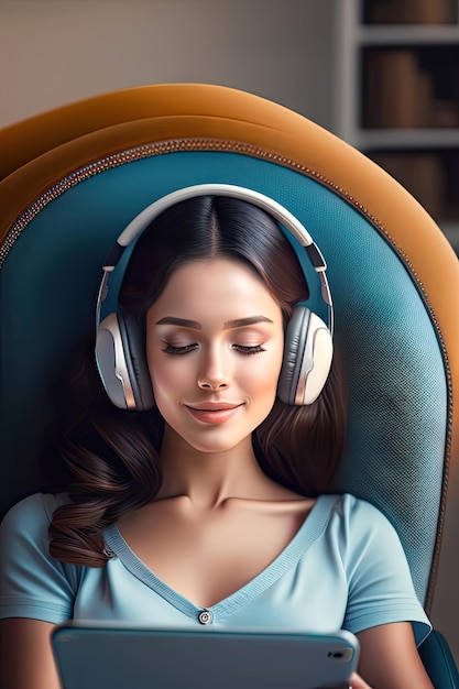 Beautiful brunette girl sitting in armchair with wireless headphones