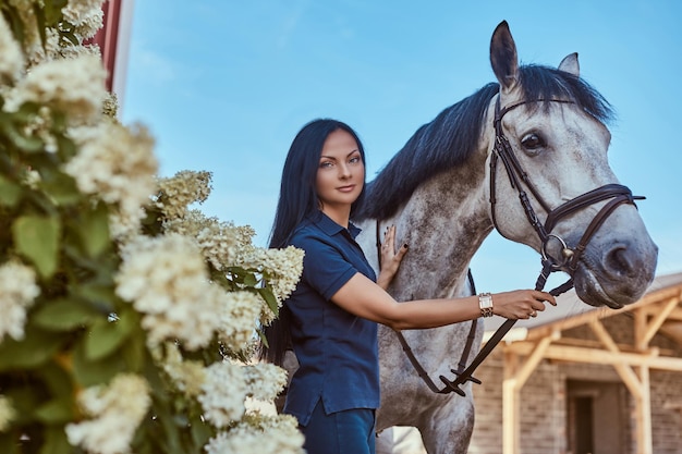 Beautiful brunette girl stroking her gray horse near lilac bushes in the garden.