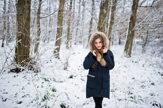 Beautiful brunette girl in winter warm clothing. Model on winter jacket.